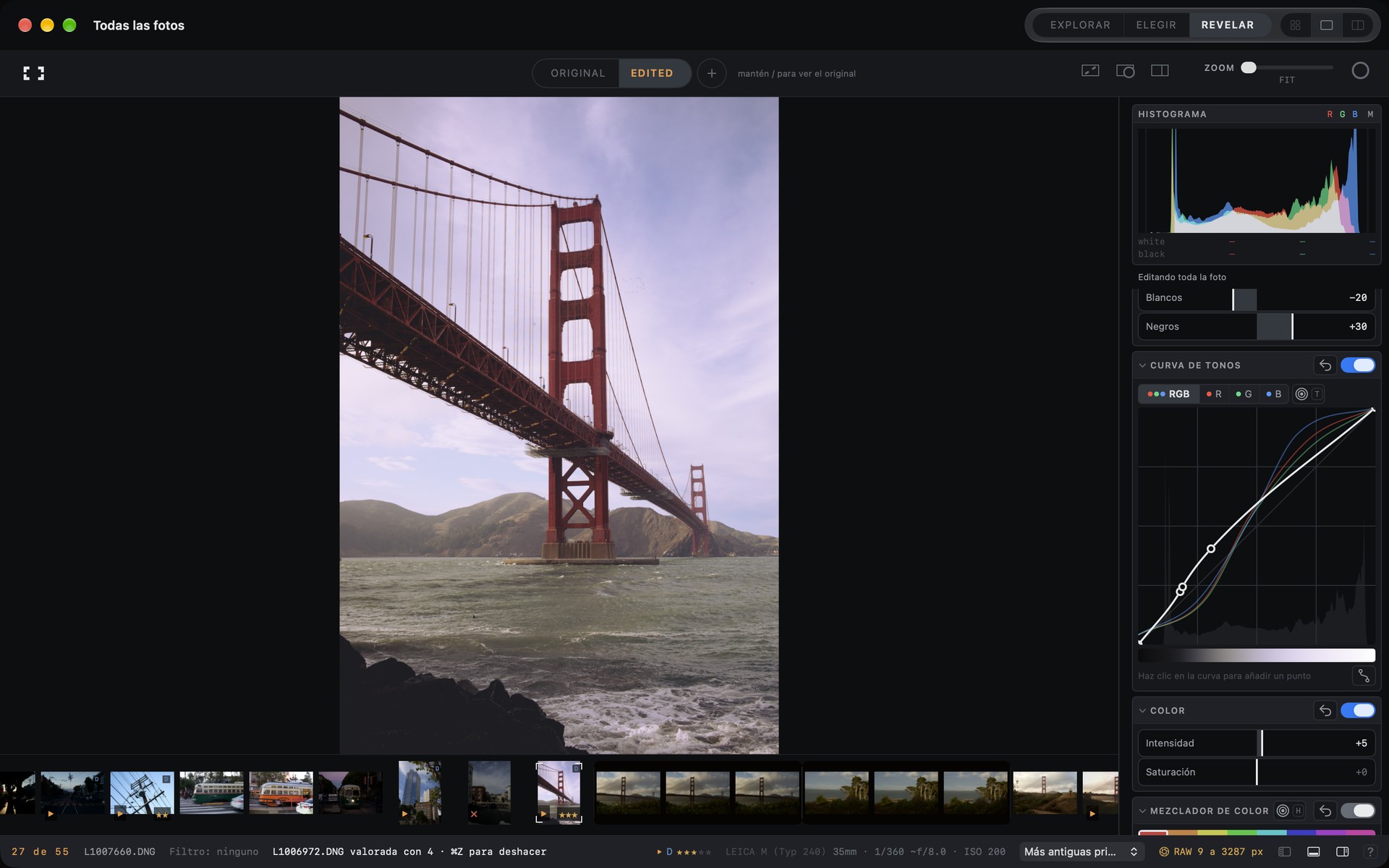 Vista Revelar de Frames con una foto editada y los controles de ajuste